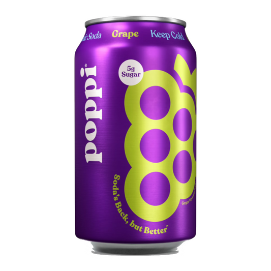 Poppi Prebiotic Soda Grape 12 oz 355 ml can with deep purple beverage and colorful label