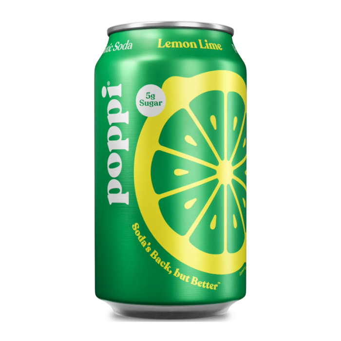 Poppi Prebiotic Soda Lemon Lime 12 oz 355 ml can with light yellow-green beverage and colorful label
