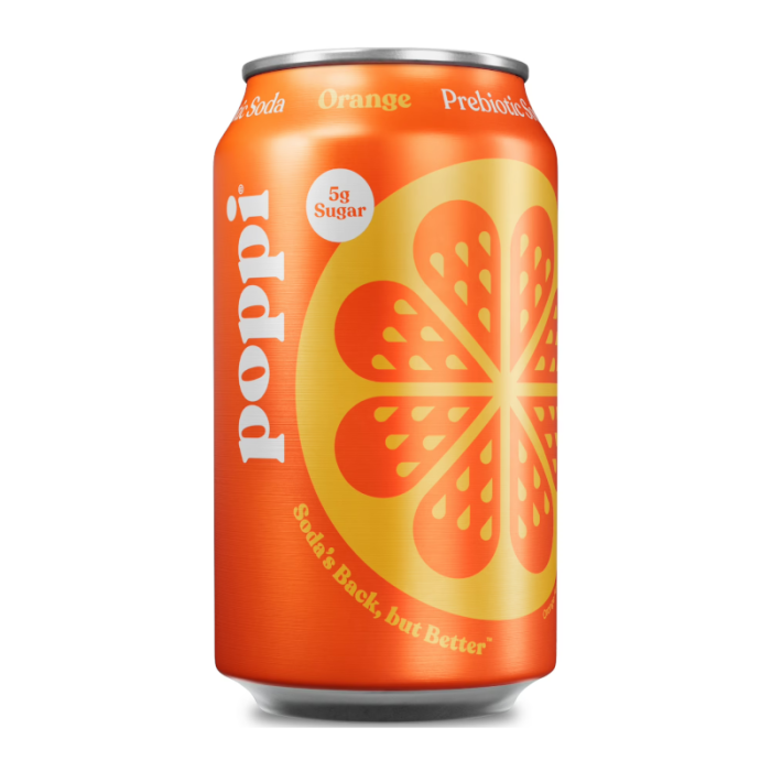 Poppi Prebiotic Soda Orange 12 oz 355 ml can with bright orange beverage and colorful label