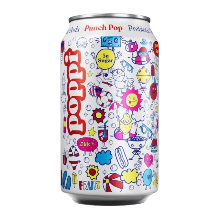 Poppi Prebiotic Soda Punch Pop 12 oz 355 ml can with bright red-orange beverage and colorful label