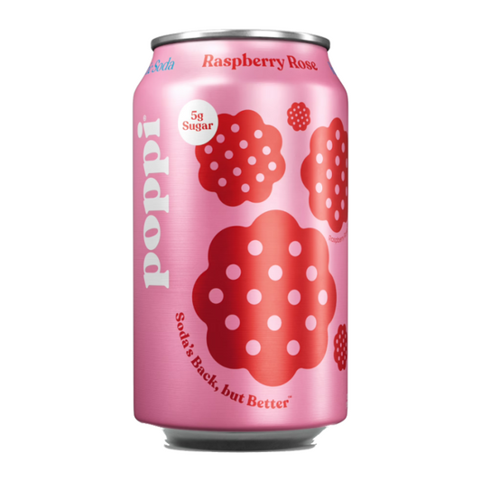 Poppi Prebiotic Soda Raspberry Rose 12 oz 355 ml can with pinkish-red beverage and colorful label