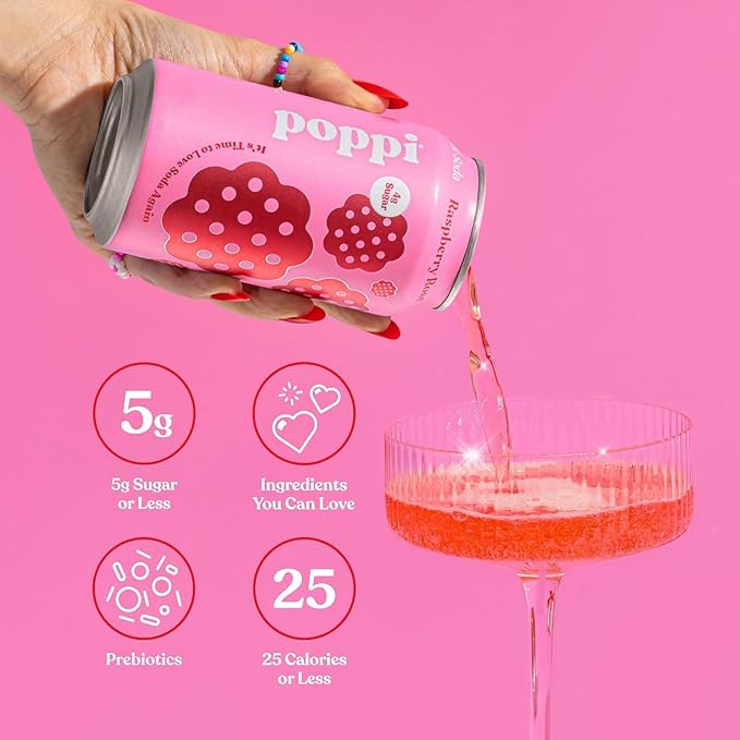 Can of Poppi Prebiotic Soda Raspberry Rose 12 oz 355 ml featuring raspberry and rose flavor and Poppi logo