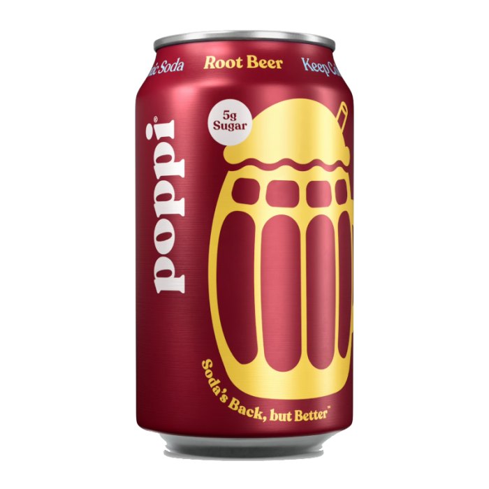 Poppi Prebiotic Soda Root Beer 12 oz 355 ml can with dark brown beverage and colorful label
