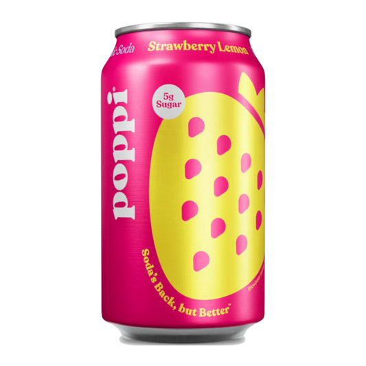 Poppi Prebiotic Soda Strawberry Lemon 12 oz 355 ml can with pinkish-red beverage and colorful label