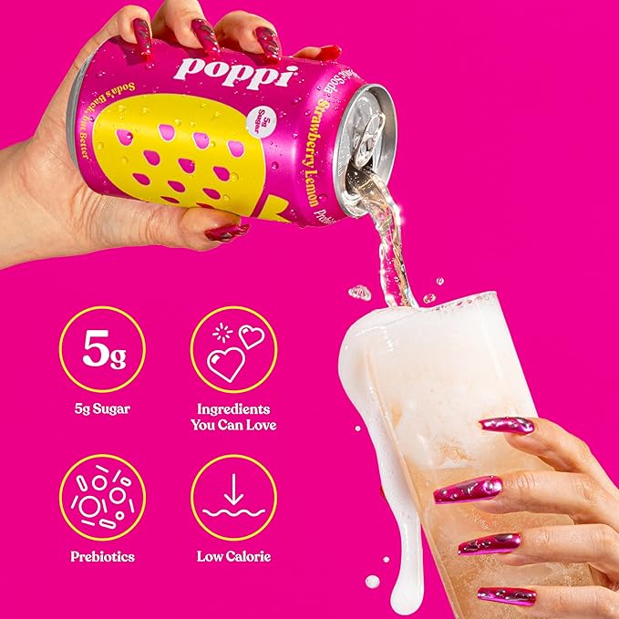 Poppi Prebiotic Soda Strawberry Lemon 12 oz 355 ml sparkling strawberry and lemon soda with prebiotics