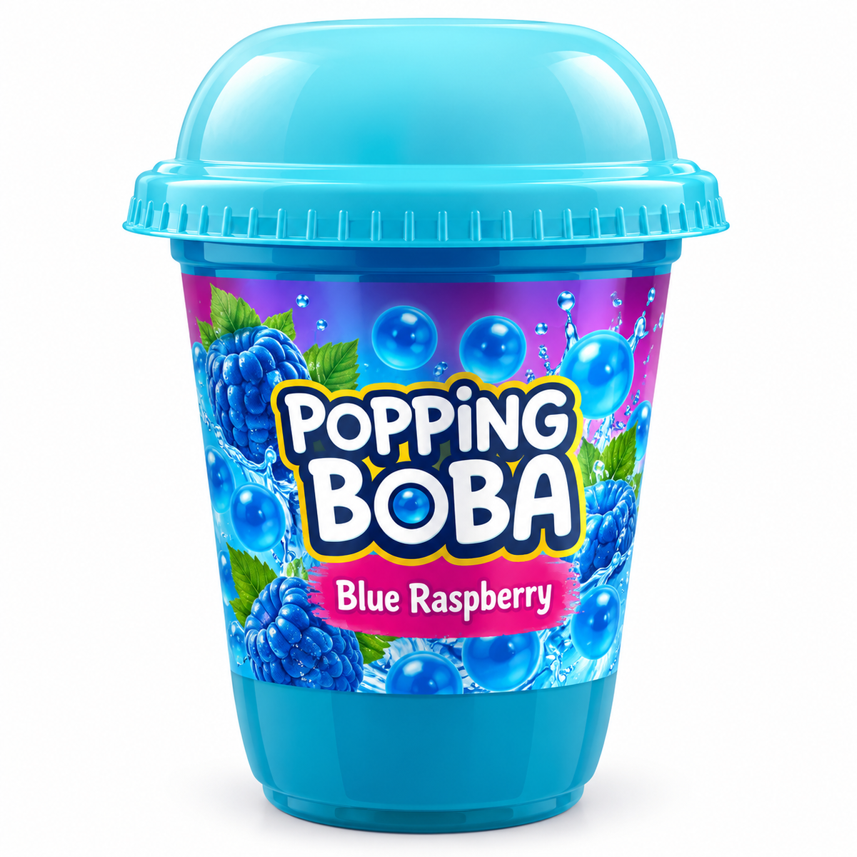 Popping Boba Blue Raspberry 270ml cup featuring an aqua blue lid, blue raspberry graphics, green leaves and glossy blue popping boba pearls.