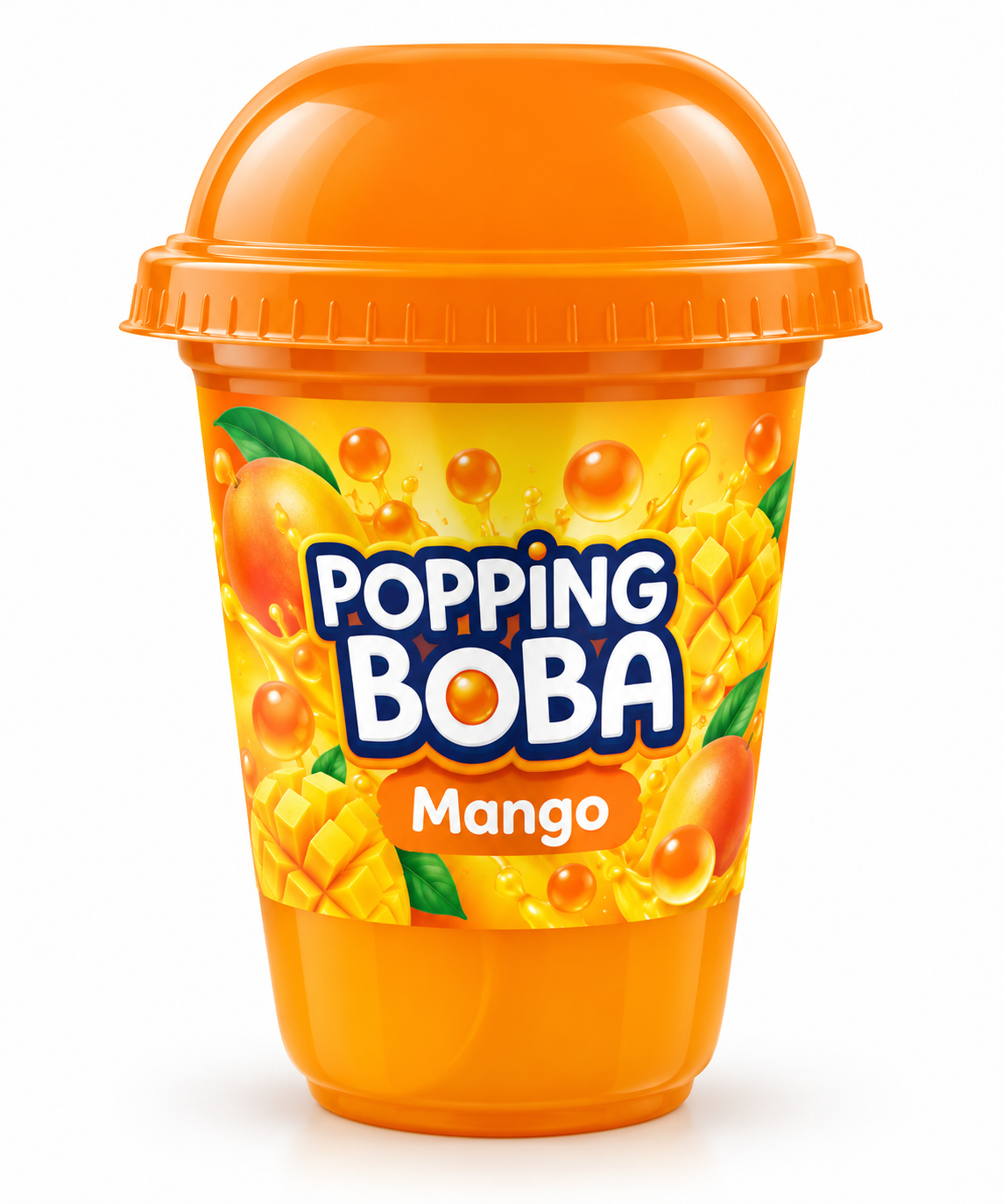 Popping Boba Mango 270ml cup featuring an orange lid, vibrant yellow mango label, fresh mango slices, mango cubes, and orange popping boba pearls.