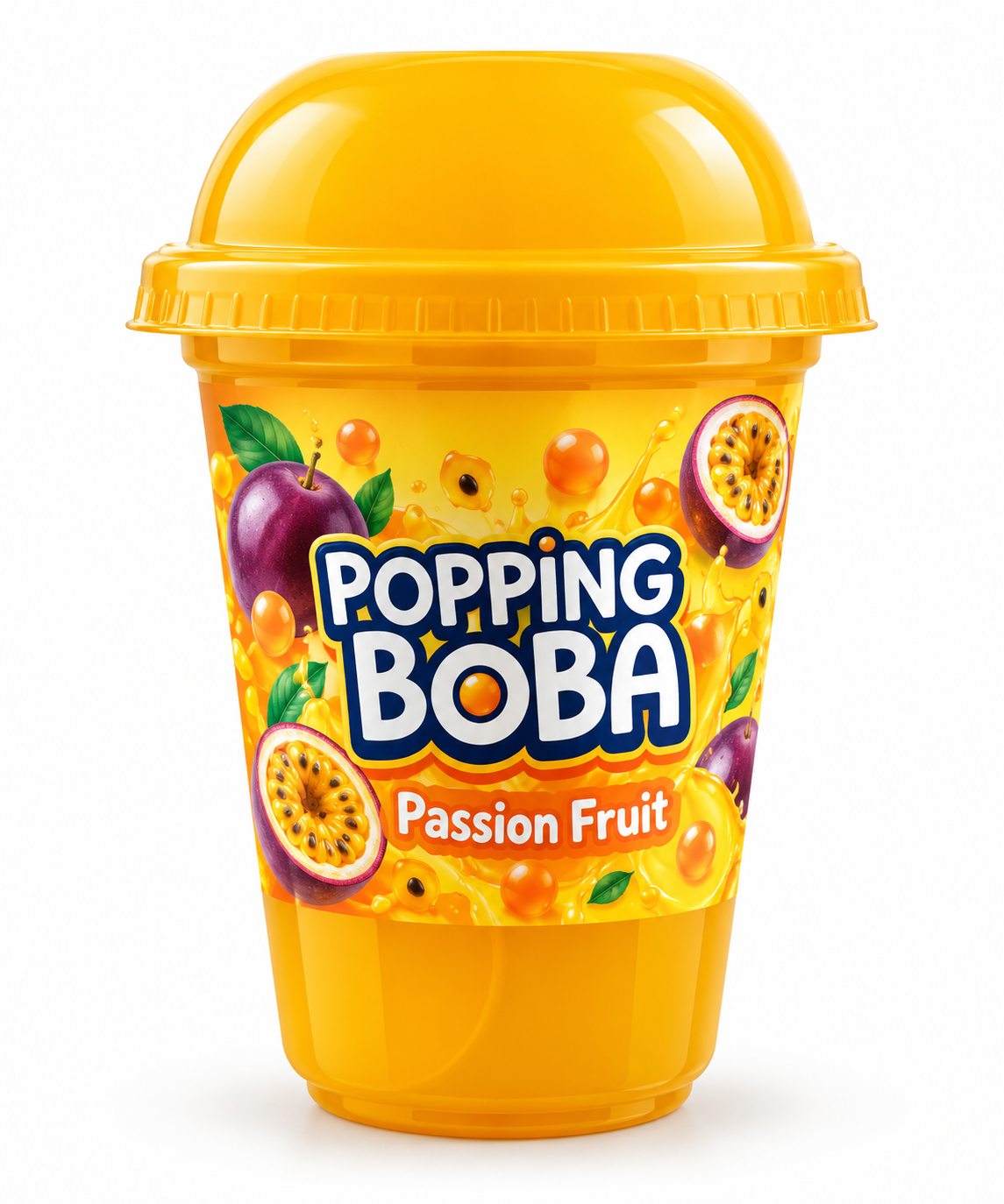 Popping Boba Passion Fruit 270ml cup featuring a yellow-orange lid, vibrant passion fruit label, purple passion fruits, and orange popping boba pearls.