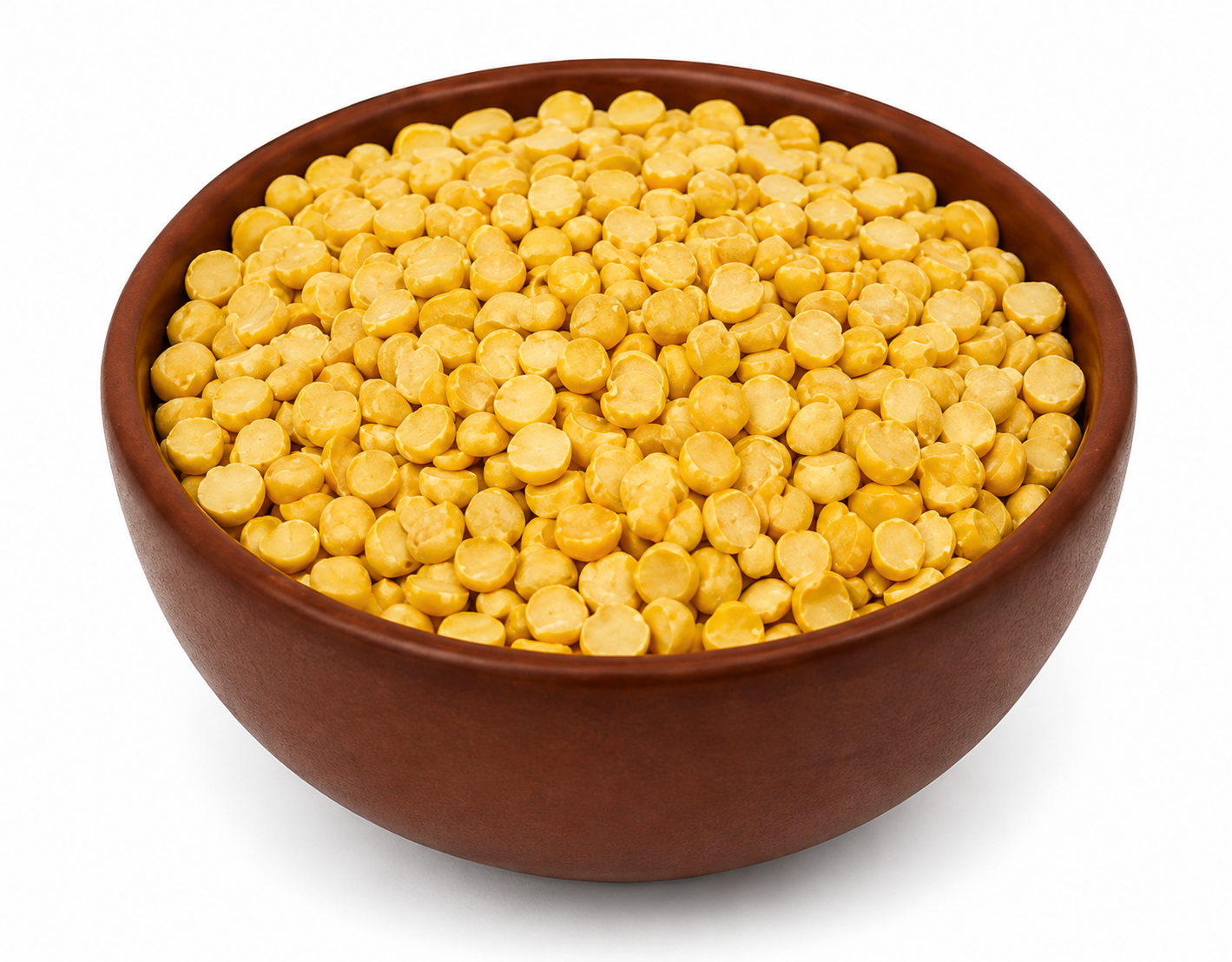 Premium Quality Chana Dal (Split Bengal Gram) in a Traditional Brown Bowl on a White Background
