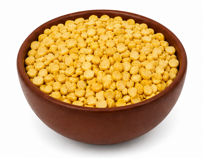 Premium Quality Chana Dal (Split Bengal Gram) in a Traditional Brown Bowl on a White Background
