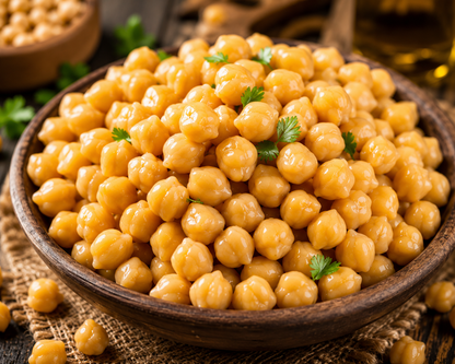 Premium lifestyle image of tender chickpeas served in a rustic wooden bowl with fresh parsley garnish, beautifully styled for a gourmet and wholesome food presentation.