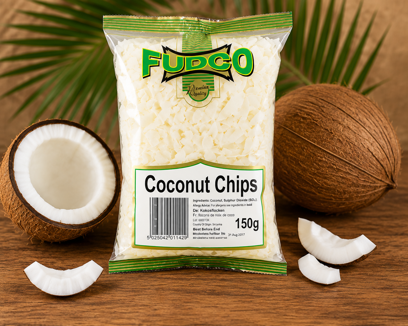 Fudco Coconut Chips 150g beautifully displayed with fresh coconuts and tropical styling, showcasing premium coconut flakes perfect for snacking, baking and dessert recipes.