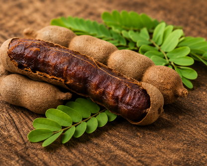Close-up image of premium fresh tamarind pods with exposed tamarind pulp and green leaves, showcasing their natural texture and authentic flavour, ideal for traditional cooking, chutneys, curries and tamarind-based recipes.