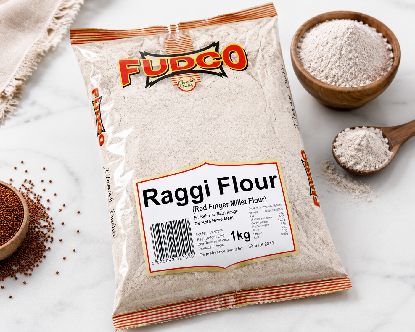 Premium Raggi Flour (Red Finger Millet Flour) displayed with a bowl of finely ground millet flour, perfect for healthy rotis, dosa, porridge, and baking.