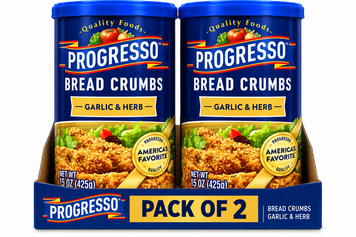 Progresso Garlic & Herb Bread Crumbs 2 pack featuring two 425g blue containers of seasoned American breadcrumbs, total weight 850g, suitable for crispy chicken, fish, vegetables and meatballs, short-dated clearance stock with best-before date of 19 October 2026.