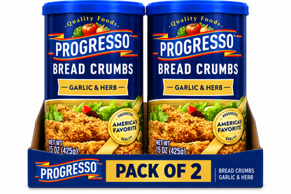 Progresso Garlic & Herb Bread Crumbs 2 pack featuring two 425g blue containers of seasoned American breadcrumbs, total weight 850g, suitable for crispy chicken, fish, vegetables and meatballs, short-dated clearance stock with best-before date of 19 October 2026.