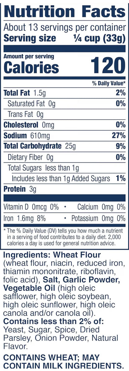 Progresso Garlic & Herb Bread Crumbs 425g nutrition and ingredients label showing calories, fat, sodium, carbohydrates, sugars, protein, wheat flour, garlic powder, vegetable oil, dried parsley, onion powder and allergen information stating contains wheat and may contain milk ingredients.