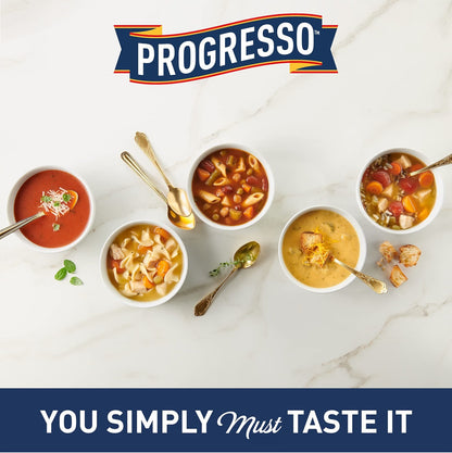 Progresso soup brand promotional image featuring the Progresso logo above five bowls of assorted soups, including tomato soup, pasta soup, chicken noodle soup and creamy soup varieties, with the slogan “You Simply Must Taste It” on a navy blue banner.