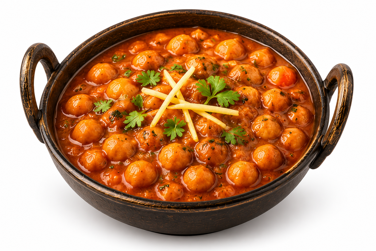 Punjabi choley chickpea curry served in a dark bowl with fresh coriander and ginger on a white background