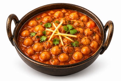 Punjabi choley chickpea curry served in a dark bowl with fresh coriander and ginger on a white background