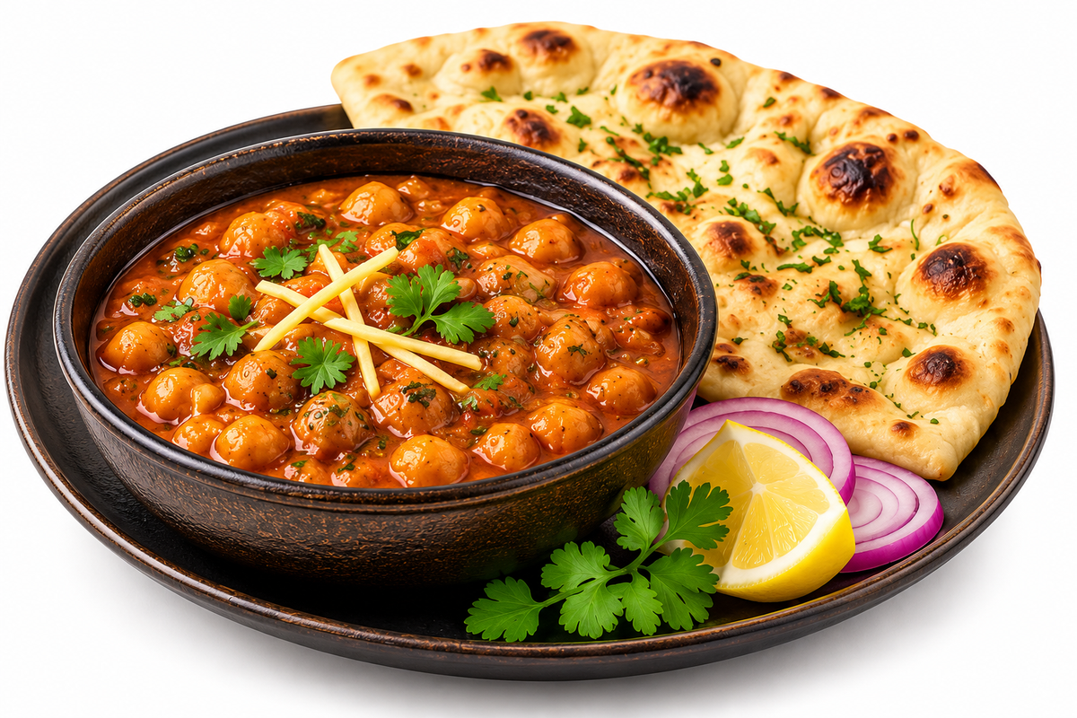 Punjabi choley chickpea curry served with naan bread, sliced onion, lemon and fresh coriander on a white background