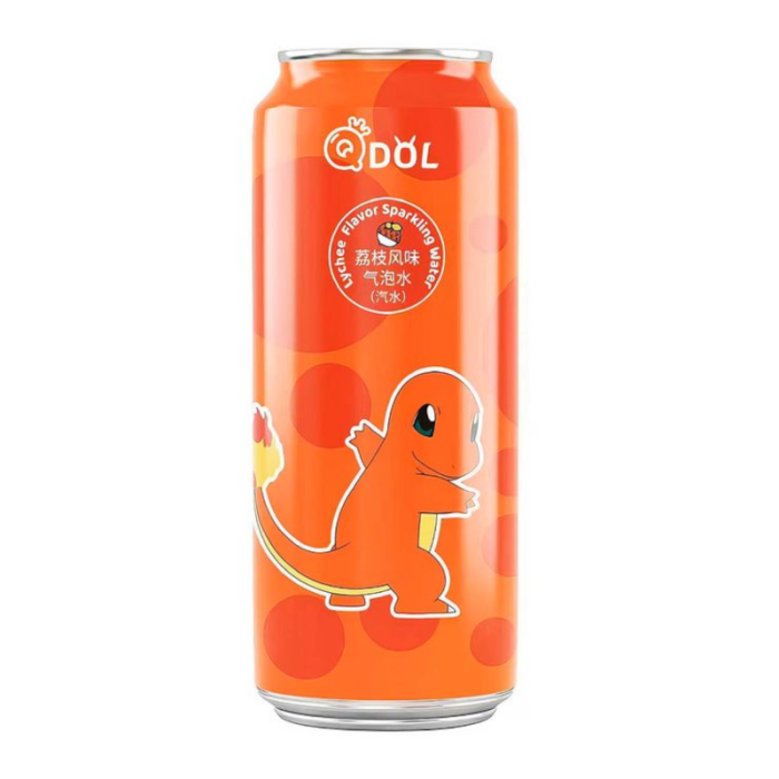 QDOL Pokémon Lychee Flavor Sparkling Water 500 ml bottle featuring Charmander, lightly sweetened and fizzy.