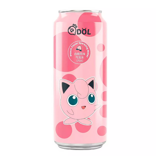 QDOL Pokémon Peach Flavor Sparkling Water 500 ml bottle featuring Jigglypuff, lightly carbonated and fruity.