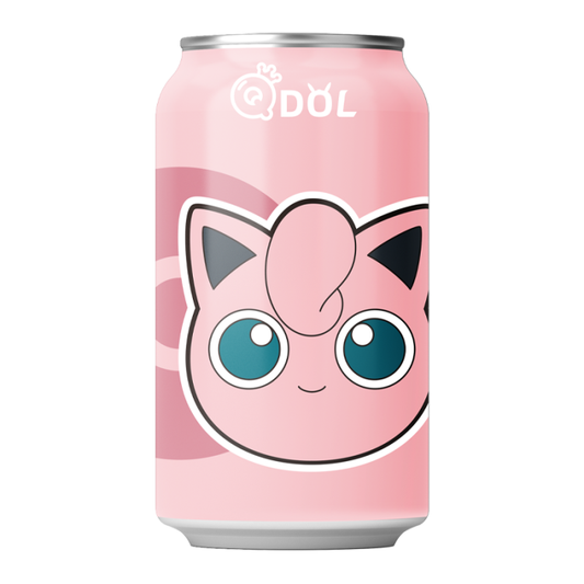 QDOL Pokémon Peach Flavor Sparkling Water 330 ml bottle featuring Jigglypuff, lightly carbonated and fruity.
