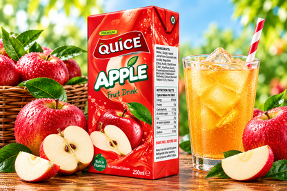 Quice Apple Fruit Drink 250ml carton beside a glass of chilled golden apple drink with ice, fresh red apples, apple slices and green leaves.