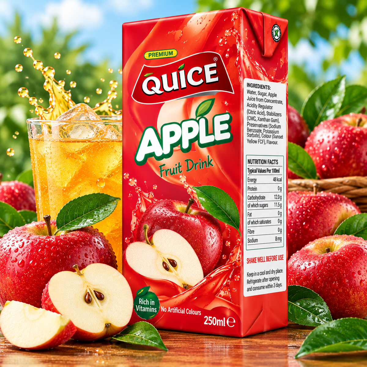 Quice Apple Fruit Drink 250ml carton beside a glass of chilled golden apple drink with ice, fresh red apples, apple slices and green leaves.
