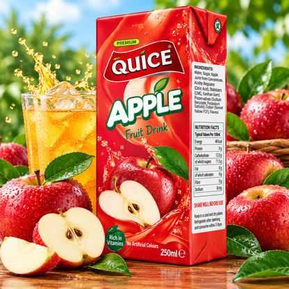 Quice Apple Fruit Drink 250ml carton beside a glass of chilled golden apple drink with ice, fresh red apples, apple slices and green leaves.