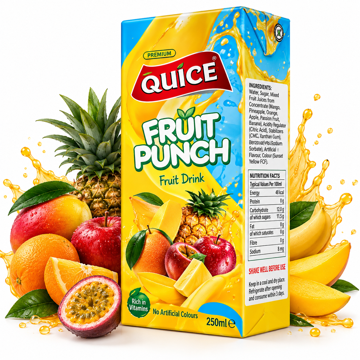 Quice Premium Fruit Punch Fruit Drink 250ml carton in yellow and blue packaging with mixed fruit illustrations on a clean white background.