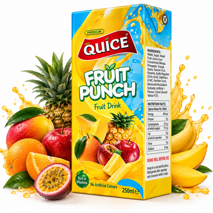 Quice Premium Fruit Punch Fruit Drink 250ml carton in yellow and blue packaging with mixed fruit illustrations on a clean white background.
