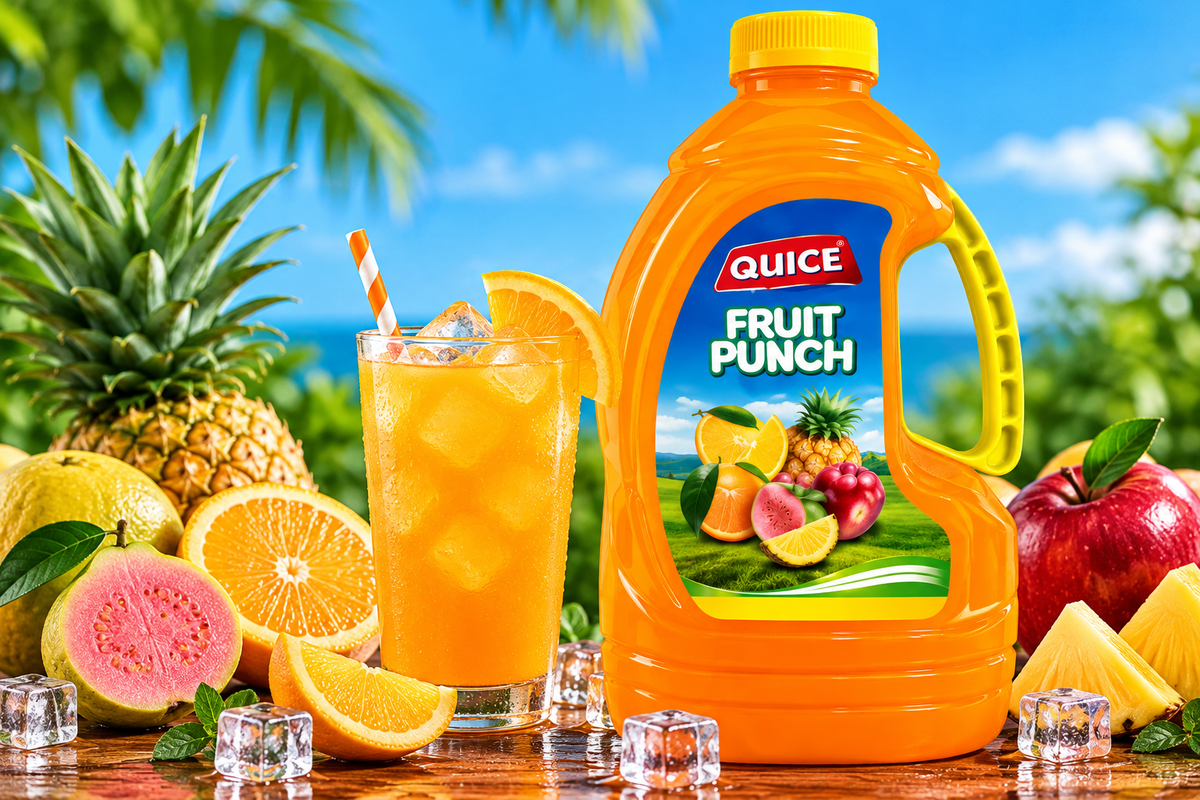 Quice Fruit Punch 2L bottle beside a glass of chilled fruit punch with ice cubes and assorted fresh fruit.
