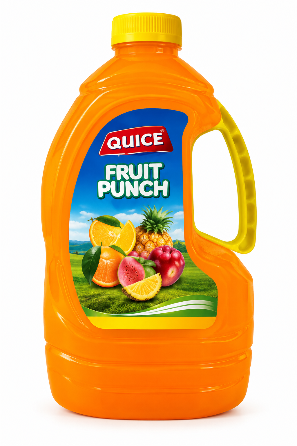 Quice Fruit Punch 2 litre orange plastic bottle with yellow cap, built-in handle and colourful mixed-fruit label on a clean white background.