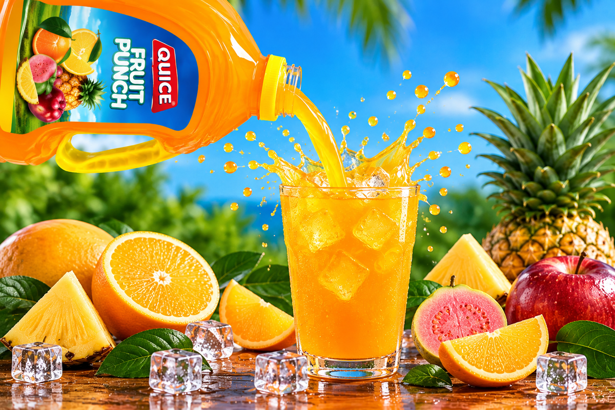 Quice Fruit Punch being poured into an ice-filled glass, surrounded by fresh pineapple, oranges, citrus slices and mixed fruit.