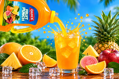 Quice Fruit Punch being poured into an ice-filled glass, surrounded by fresh pineapple, oranges, citrus slices and mixed fruit.