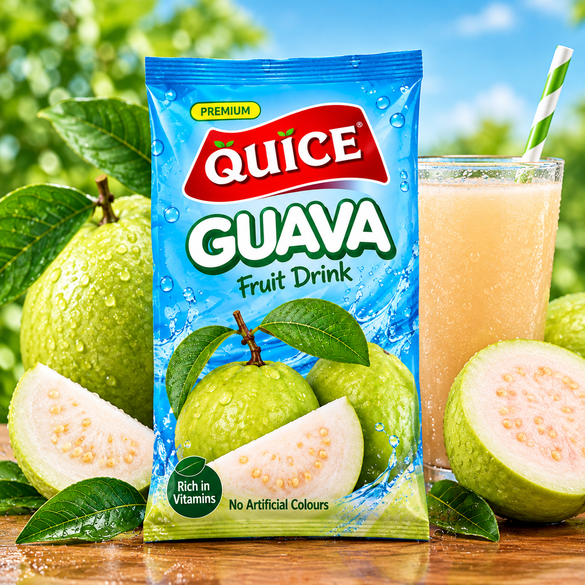 Quice Guava Fruit Drink pouch beside a glass of chilled pale green guava drink with ice, fresh guava halves and green leaves.