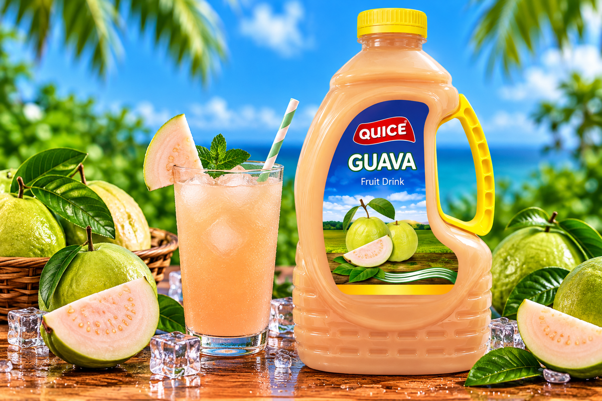 Quice Guava Fruit Drink 2L bottle beside a glass of chilled guava beverage with ice cubes, fresh guava slices and green leaves.