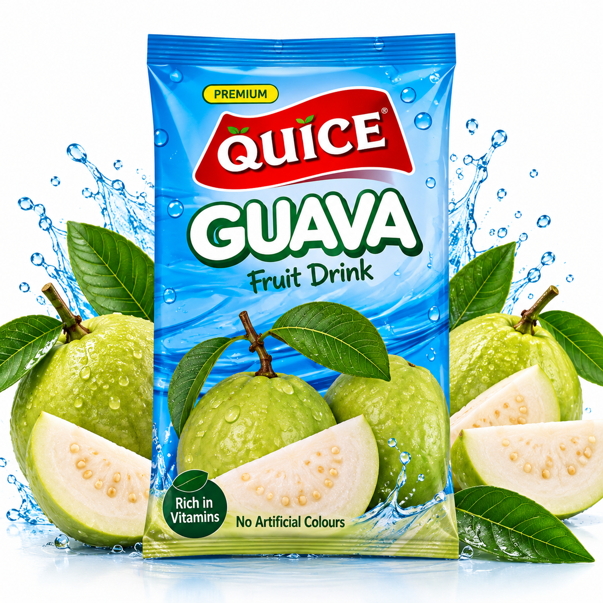 Quice Premium Guava Fruit Drink pouch with blue packaging, guava illustrations and green leaves against a clean white background.