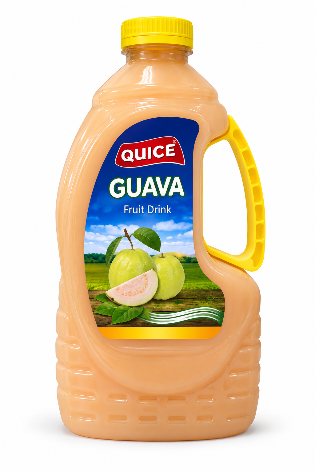 Quice Guava Fruit Drink 2 litre bottle with yellow cap, built-in handle and colourful guava fruit label against a clean white background.