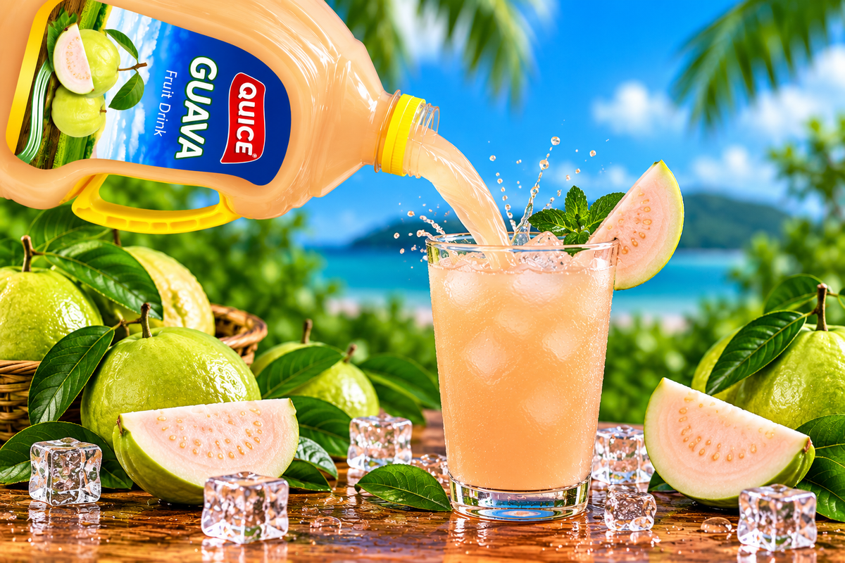Quice Guava Fruit Drink being poured into an ice-filled glass, surrounded by fresh guava halves, guava slices and green leaves.