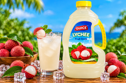 Quice Lychee Fruit Drink 2L bottle beside a glass of chilled lychee beverage with ice, fresh lychees and green leaves.