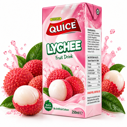Quice Premium Lychee Fruit Drink 250ml carton with pink and white packaging, lychee illustrations and green leaves on a clean white background.