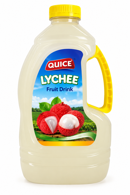 Quice Lychee Fruit Drink 2 litre bottle with yellow cap, built-in handle and colourful lychee fruit label against a clean white background.