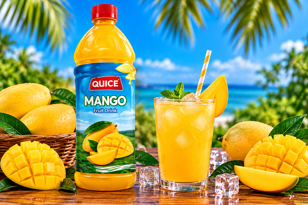 Quice Mango Fruit Drink 1L bottle beside a glass of chilled mango drink with ice cubes, fresh mango slices and green leaves.