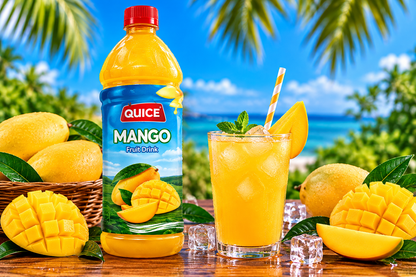 Quice Mango Fruit Drink 1L bottle beside a glass of chilled mango drink with ice cubes, fresh mango slices and green leaves.