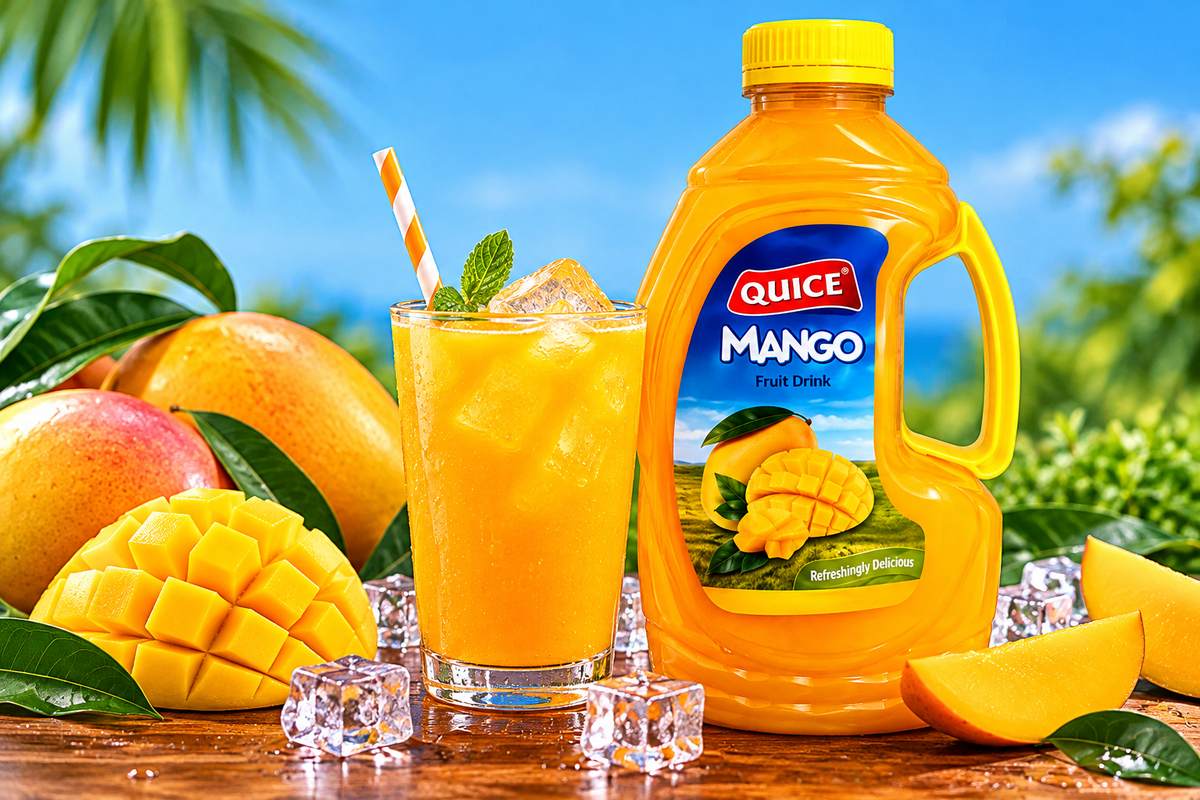 Quice Mango Fruit Drink 2L bottle beside a glass of chilled mango beverage with ice, fresh mango slices and green leaves.