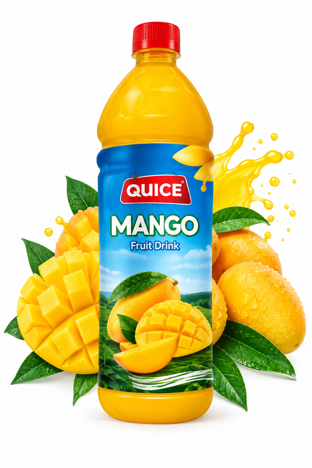 Quice Mango Fruit Drink 1 litre bottle with red cap, blue mango label and yellow-orange drink, displayed with fresh mangoes and green leaves against a white background.