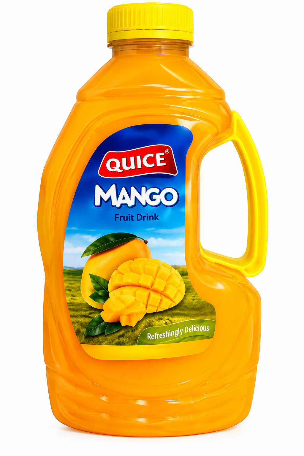 Quice Mango Fruit Drink 2 litre orange plastic bottle with yellow cap, built-in handle and colourful mango fruit label on a clean white background.